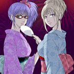  2girls 3mm blonde_hair earrings gintama glasses japanese_clothes jewelry long_hair multiple_girls ponytail purple_hair sarutobi_ayame scar tsukuyo tsukuyo_(gintama) violet_eyes 