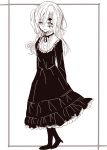  1girl allen_walker boots breasts d.gray-man dress female full_body genderswap gothic_lolita lolita_fashion long_hair monochrome solo timcanpy white_background 