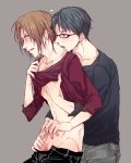  2boys blush glasses hand_under_clothes kiss licking male_focus multiple_boys naughty_face sweat undressing wince yaoi 