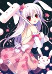  1girl animal_ears blush comic_market comic_market_86 dress fang female flower gloves happy long_hair looking_back muku-coffee purple_hair rabbit rabbit_ears red_eyes ribbon ringonotane solo tail thigh-highs 