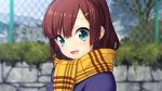  1girl akeiro_kaikitan blush brown_hair eyebrows eyebrows_visible_through_hair fence game_cg green_eyes happy highres hinamori_kana looking_at_viewer outdoors parted_lips scarf short_hair smile solo sumeragi_kohaku upper_body 