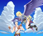  1boy 1girl angel_wings ass black_wings blonde_hair blue_hair boots breasts breath_of_fire breath_of_fire_ii dress green_eyes knee_boots legs long_hair nina_(breath_of_fire_ii) ryuu_(breath_of_fire_ii) shiden_(john_shiden) short_hair wings 