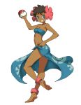  00s 1girl anklet bandeau barefoot blue_eyes breasts cleavage dark_skin elite_four feet flower full_body fuyou_(pokemon) genzoman hair_flower hair_ornament looking_at_viewer midriff navel nintendo poke_ball pokemon pokemon_(game) pokemon_rse sarong solo very_short_hair 