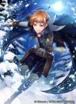  1boy belt candy cape fire_emblem fire_emblem:_kakusei fire_emblem_cipher gaia_(fire_emblem) gaius_(fire_emblem) gloves headband intelligent_systems licking_lips male_focus matsurika_youko maturica_youko moon moonlight official_art orange_hair short_hair snow snowflakes snowing solo sword tcg_fire_emblem_0 tongue tongue_out weapon 