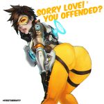  1girl absurdres ass bodysuit brown_hair commentary english goggles highres jacket looking_at_viewer monori_rogue open_mouth overwatch short_hair skin_tight solo spiky_hair tracer_(overwatch) visor 
