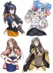  4girls armor barbariank blue_hair breasts brown_eyes brown_hair cleavage fire_emblem fire_emblem_if gradient_hair grey_eyes grey_hair hair_over_one_eye headband kazahana_(fire_emblem_if) long_hair messy_hair multicolored_hair multiple_girls oboro_(fire_emblem_if) ophelia_(fire_emblem_if) pieri_(fire_emblem_if) pink_eyes pink_hair ponytail simple_background smile twintails two-tone_hair white_background 