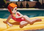  1girl alkemanubis barefoot ben_10 cartoon_network child cup drinking drinking_glass drinking_straw feet gwendolyn_tennyson inflatable_raft looking_at_viewer one-piece_swimsuit orange_hair pool swimsuit 