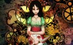  1girl alice_(american_mcgee&#039;s) american_mcgee&#039;s_alice american_mcgee&#039;s_alice_madness_returns apron black_hair blood blood_on_face bloody_clothes bloody_weapon gear green_eyes holding holding_weapon jewelry lipstick long_hair looking_at_viewer makeup necklace qian_ye_2.s smile solo weapon weapons 