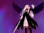  1girl dress gothic_lolita hairband lolita_fashion long_hair looking_at_viewer pointing red_eyes rozen_maiden silver_hair solo suigintou sword weapon wings 
