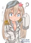  :&gt; admiral_(kantai_collection)_(cosplay) alternate_costume blonde_hair blue_eyes commentary_request flower hair_flower hair_ornament hat highres jigsaw_(iori) kantai_collection legs long_sleeves military military_hat military_uniform one-piece_tan ro-500_(kantai_collection) tan tanline twitter_username uniform 