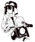  00s 1girl androgynous auru_t black_hair goggles ground_vehicle hat hermes kino kino_no_tabi monochrome motor_vehicle motorcycle short_hair tagme 