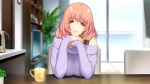  1girl akeiro_kaikitan breasts chair chin_rest cup eyebrows eyebrows_visible_through_hair game_cg highres indoors kuzumi_misato large_breasts long_sleeves looking_at_viewer orange_hair plant short_hair sitting smile solo sumeragi_kohaku sweater table upper_body yellow_eyes 