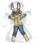  androgynous artist_request brown_hair full_body furry green_eyes one_eye_closed open_mouth rabbit short_hair snow solo white_background 