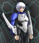  1boy armor bodysuit cyberconnect gradient gradient_background jutah male_focus red_eyes ryuu_pentarou silent_bomber solo white_hair 
