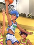  ball basketball blush boots bulge child indoors jumping male_focus multiple_boys shirt short_hair shorts sleeveless sleeveless_shirt sport sweat takenokoya 