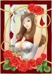  1girl arm_up armor beatrix breasts brown_eyes brown_hair cleavage closed_mouth eyepatch final_fantasy final_fantasy_ix gloves long_hair red_rose rose save_the_queen solo sword upper_body weapon 