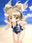  1girl bent_over blue_swimsuit blush breasts brown_eyes brown_hair commentary_request earmuffs finger_to_cheek looking_at_viewer school_swimsuit shiny shiny_clothes short_hair solo swimsuit tagme touhou toyosatomimi_no_miko winn 