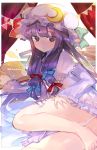  1girl atsumi_jun blue_ribbon capelet crescent crescent_hair_ornament double_bun dress hair_ornament hair_ribbon hat hat_ribbon jitome long_hair looking_at_viewer lying mob_cap on_side patchouli_knowledge purple_hair red_ribbon ribbon striped striped_dress touhou very_long_hair violet_eyes 