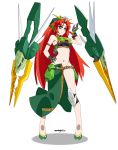 1girl adapted_costume altron_gundam artist_name bare_shoulders blush braid breasts gloves green_eyes gundam gundam_wing gundam_wing_endless_waltz hat hong_meiling long_hair nanaya777 navel redhead solo thighs touhou very_long_hair white_background 