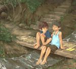  2boys b_gent barefoot brown_eyes brown_hair child feet hand_holding looking_at_another male_focus multiple_boys original outdoors shirt short_hair shorts sitting sleeveless sleeveless_shirt stairs t-shirt toes water 