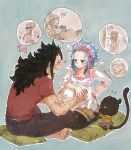  1girl 2boys animal barefoot bent_knees black_hair blue_hair cat closed_eyes couple earrings fairy_tail gajeel_redfox headband heart hearts jewelry levy_mcgarden long_hair multiple_boys open_mouth pantherlily pantyhose pillow pregnant rusky-boz shirt short_sleeves simple_background sitting smile t-shirt tail teeth zzz 