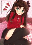  1girl black_hair black_legwear blush fate/stay_night fate_(series) green_eyes hair_ribbon long_hair looking_at_viewer on_bed open_mouth pillow pleated_skirt ribbon rouka_(akatyann) shoes skirt solo surprised sweater thigh-highs tohsaka_rin twintails 