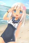  1girl beach blonde_hair blue_eyes blush crop_top flower footprints hair_flower hair_ornament kantai_collection navel one-piece_swimsuit one-piece_tan open_mouth ro-500_(kantai_collection) salute sand senifu shoreline swimsuit tan tanline water 