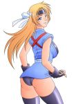  blonde_hair blue_eyes breasts headband japanese_clothes large_breasts leotard looking_back martial_champion racheal thigh-highs 