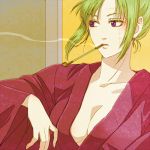  1girl 3mm blonde_hair breasts cleavage earrings gintama japanese_clothes jewelry large_breasts pipe scar smoking solo tsukuyo tsukuyo_(gintama) upper_body violet_eyes 