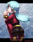  1girl ass blue_hair blush candy character_name from_behind gloves kula_diamond lollipop long_hair looking_back pants red_eyes shiny shiny_clothes shiny_hair snk solo squatting the_king_of_fighters 