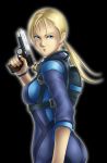  1girl ass bag black_background blonde_hair blue_eyes bodysuit breasts capcom gun highres holding holding_gun holding_weapon jill_valentine large_breasts long_hair long_sleeves looking_at_viewer parted_lips ponytail resident_evil resident_evil_5 serious sideboob simple_background solo standing thor_(deep_rising) upper_body weapon 