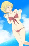  1girl beach bikini black_eyes blonde_hair blush breasts collarbone dutch_angle ear_piercing echizen_(tanakeda) embarrassed hands_up highres knees_together_feet_apart little_sound navel outdoors piercing short_hair small_breasts solo standing swimsuit tanaka-kun_wa_itsumo_kedaruge 