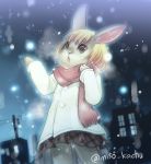  1girl artist_request blonde_hair brown_eyes female furry gradient gradient_background open_mouth outdoors rabbit scarf short_hair skirt sky solo 
