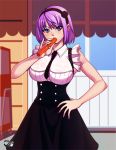  1girl blush breasts dagashi_kashi headband jadenkaiba large_breasts necktie popsicle purple_hair shidare_hotaru short_hair solo virgin_killer_outfit 