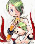  1girl breath_of_fire breath_of_fire_v dress facial_mark green_eyes green_hair hair_over_one_eye inomoto_hiro lowres nina_(breath_of_fire_v) red_wings short_hair solo stuffed_toy tattoo wings 