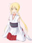  1girl alternate_costume blonde_hair blush cosplay costume_switch detached_sleeves fusou_(kantai_collection) fusou_(kantai_collection)_(cosplay) hair_ribbon hakama hakama_skirt highres japanese_clothes kantai_collection kikuzunooka long_hair long_sleeves looking_at_viewer low_twintails nontraditional_miko obi open_mouth pink_background red_skirt ribbon sash satsuki_(kantai_collection) simple_background skirt sleeves_past_wrists solo twintails white_legwear wide_sleeves yellow_eyes 
