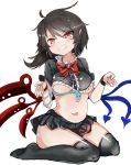  1girl asymmetrical_wings belly black_hair black_legwear breasts clenched_teeth grin highres houjuu_nue miniskirt navel plump red_eyes seiza sitting skirt smile snake solo takashi_(nekoro) teeth touhou under_boob undersized_clothes white_background wings 