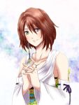  1girl blue_eyes brown_hair detached_sleeves final_fantasy final_fantasy_x green_eyes heterochromia japanese_clothes jewelry necklace short_hair solo spirasen staff weapon yuna yuna_(ff10) 