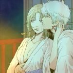  1boy 1girl 3mm blonde_hair breasts cleavage couple earrings gintama japanese_clothes jewelry pipe sakata_gintoki scar tsukuyo tsukuyo_(gintama) violet_eyes 