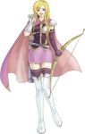 1girl archery asymmetrical_gloves belt blonde_hair boots braid cape elbow_gloves female fingerless_gloves fire_emblem full_body gloves holding holding_bow_(weapon) holding_weapon long_hair looking_at_viewer louise_(fire_emblem) miniskirt mismatched_gloves official_art open_mouth purple_gloves purple_legwear purple_skirt purple_thighhighs quiver side_braid simple_background single_braid single_elbow_glove single_fingerless_glove skirt smile solo thigh-highs thigh_boots thighhighs thighhighs_under_boots transparent_background violet_eyes white_boots white_footwear white_gloves white_legwear white_thigh_boots wide_hips zettai_ryouiki 