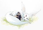  1boy animal artist_request black_hair carbuncle_(final_fantasy) final_fantasy final_fantasy_xv hood hoodie horn noctis_lucis_caelum 