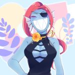  1girl :d artist_request bare_shoulders blue_skin blush breasts cleavage closed_eyes collarbone dress eyepatch grin head_fins long_hair monster_girl no_bra open_mouth ponytail redhead ribbon sharp_teeth sleeveless smile solo teeth undertale undyne 