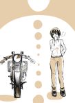  00s 1girl androgynous artist_request cup female full_body ground_vehicle hermes kino kino_no_tabi monochrome motor_vehicle motorcycle short_hair smoke solo standing steam tagme 