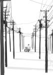  00s 1girl androgynous artist_request ground_vehicle hat hermes kino kino_no_tabi monochrome motor_vehicle motorcycle power_lines short_hair solo tagme 