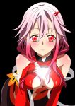  1girl bare_shoulders blush breasts center_opening cleavage detached_sleeves elbow_gloves fingerless_gloves gloves guilty_crown hair_ornament hairclip hand_on_own_chest highres looking_at_viewer navel pink_hair red_eyes sarina_(tosiyukiryousuke) solo twintails yuzuriha_inori 