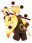  1boy blonde_hair cropped_legs escrima_stick facial_mark forehead_protector glowing glowing_hair looking_at_viewer male_focus naruto naruto_shippuuden smile solo spiky_hair staff uz uzumaki_naruto whisker_markings whiskers 