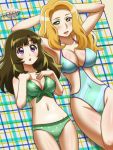  2girls :o armpits arms_behind_head arms_up awa bare_arms bare_legs bare_shoulders bikini blonde_hair blush breasts character_request cleavage eyebrows eyebrows_visible_through_hair green_bikini green_eyes green_hair hands_on_own_chest large_breasts legs long_hair looking_at_viewer lying midriff mound_of_venus multiple_girls navel on_back parted_lips pink_eyes smile source_request swimsuit thighs 