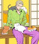  1boy blonde_hair blush cat jojo_no_kimyou_na_bouken kira_yoshikage male_focus muscle neko_atsume outdoors solo sweat tagme u_(lastcrime) 