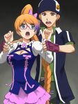  1girl andy_w_hall aquarion_(series) aquarion_evol arm_grab awa blue_eyes braid breasts brown_eyes cleavage earrings fingerless_gloves glasses gloves hair_ribbon hat jewelry large_breasts long_hair long_sleeves looking_at_another mix_(aquarion) multicolored_hair open_mouth pink_skirt ribbon simple_background single_braid skirt standing 