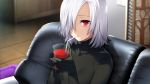  1girl akeiro_kaikitan breasts couch cup drink drinking_straw game_cg hair_over_one_eye highres holding indoors looking_at_viewer parted_lips red_eyes serious short_hair silver_hair sitting small_breasts solo sumeragi_kohaku upper_body velvet_(akeiro_kaikitan) 